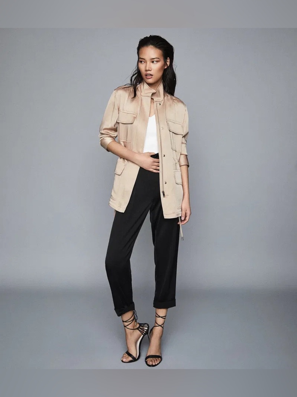 REISS Blakely Satin Silky Lightweight Utility Jacket Gold Neutral Size US 4